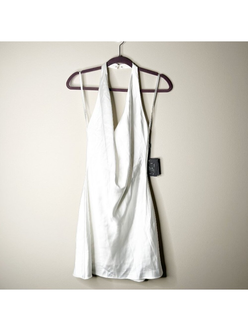 IEENA for Mac Duggal White Satin Open Back Cowl Neck Mini Dress Women's Size 6